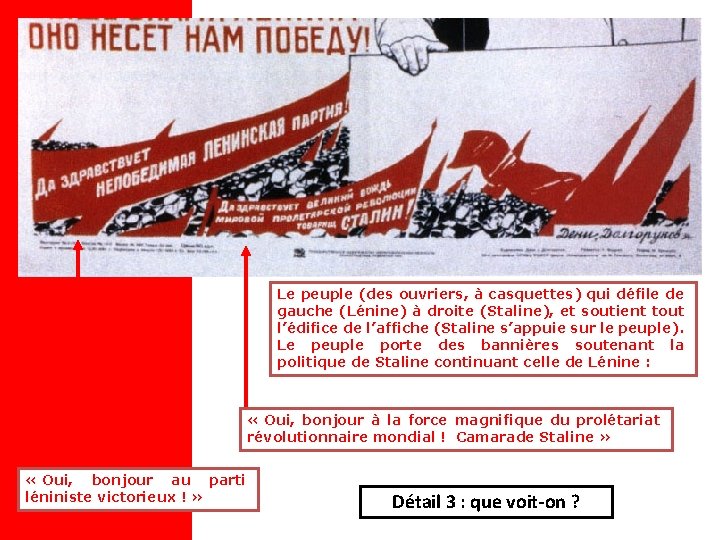 Le peuple (des ouvriers, à casquettes) qui défile de gauche (Lénine) à droite (Staline),