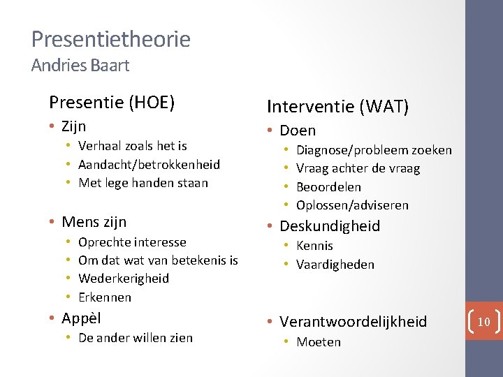 Presentietheorie Andries Baart Presentie (HOE) • Zijn • Verhaal zoals het is • Aandacht/betrokkenheid