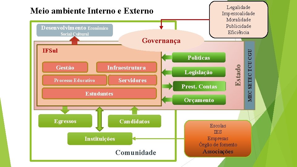 Legalidade Impessoalidade Moralidade Publicidade Eficiência Meio ambiente Interno e Externo Desenvolvimento Econômico Social Cultural