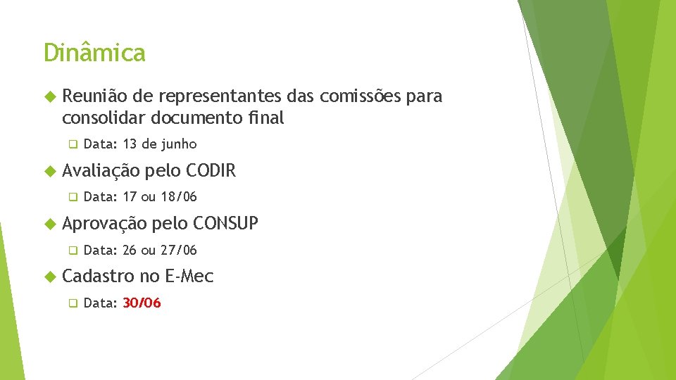 Dinâmica Reunião de representantes das comissões para consolidar documento final q Data: 13 de