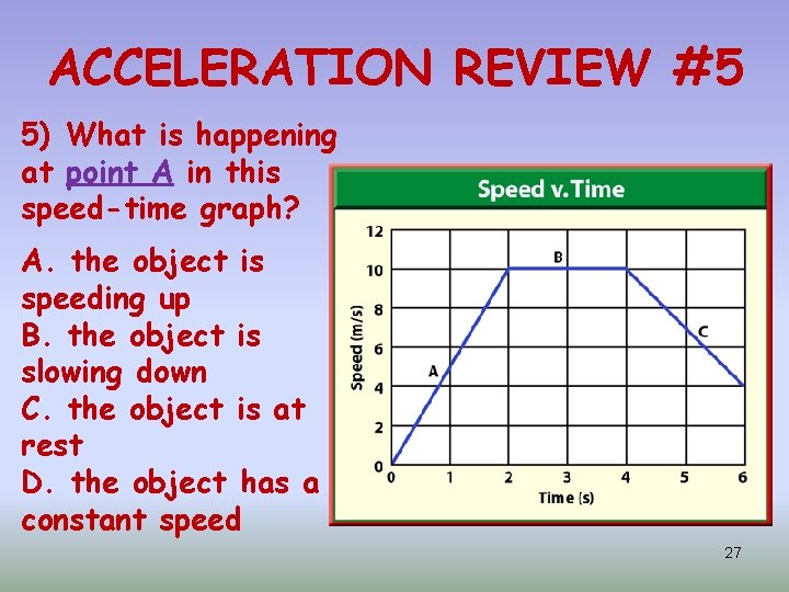 ACCELERATION REVIEW #5 5) What is happening at point A in this speed-time graph?