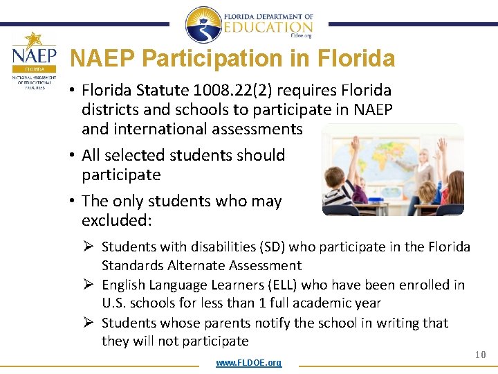 NAEP Participation in Florida • Florida Statute 1008. 22(2) requires Florida districts and schools NAEP Participation in Florida • Florida Statute 1008. 22(2) requires Florida districts and schools