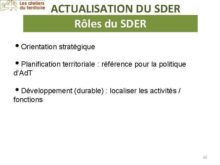 ACTUALISATION DU SDER Rôles du SDER i. Orientation stratégique i. Planification territoriale : référence