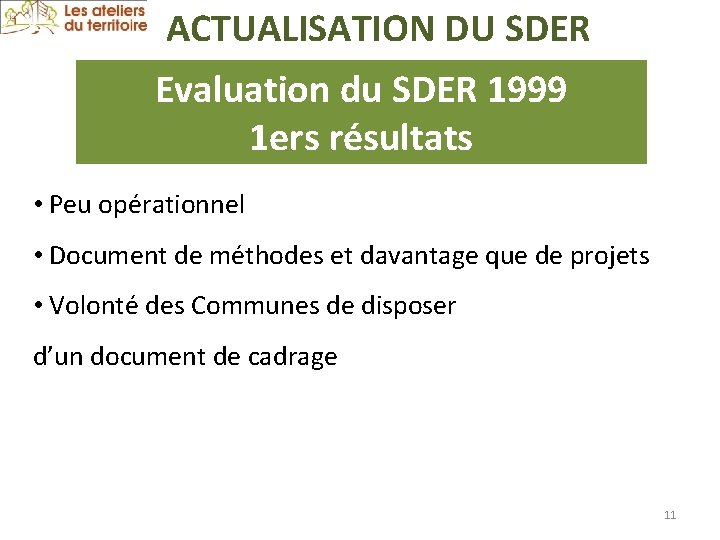 ACTUALISATION DU SDER Evaluation du SDER 1999 1 ers résultats • Peu opérationnel •
