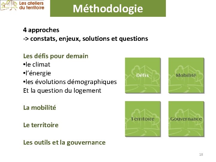 Méthodologie 4 approches -> constats, enjeux, solutions et questions Les défis pour demain •