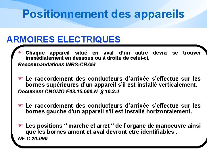 Positionnement des appareils ARMOIRES ELECTRIQUES F Chaque appareil situé en aval d’un autre devra