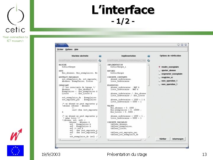 L’interface - 1/2 - 19/9/2003 Présentation du stage 13 