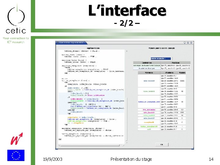 L’interface - 2/2 – 19/9/2003 Présentation du stage 14 