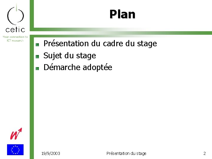 Plan Présentation du cadre du stage Sujet du stage Démarche adoptée 19/9/2003 Présentation du