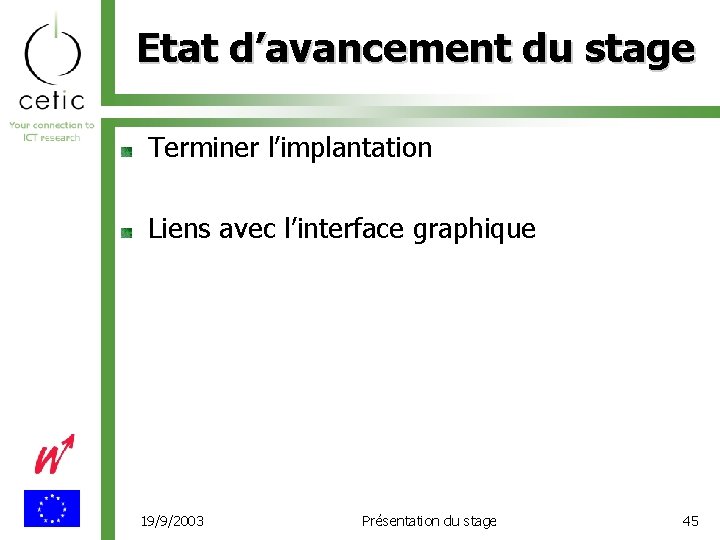 Etat d’avancement du stage Terminer l’implantation Liens avec l’interface graphique 19/9/2003 Présentation du stage