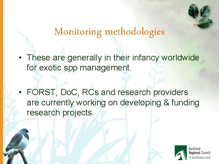 Monitoring methodologies • These are generally in their infancy worldwide for exotic spp management.