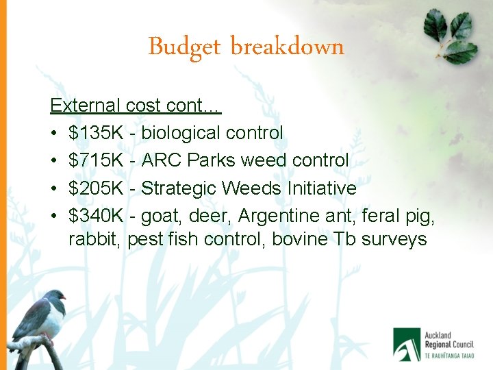 Budget breakdown External cost cont… • $135 K - biological control • $715 K