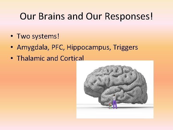 Our Brains and Our Responses! • Two systems! • Amygdala, PFC, Hippocampus, Triggers •