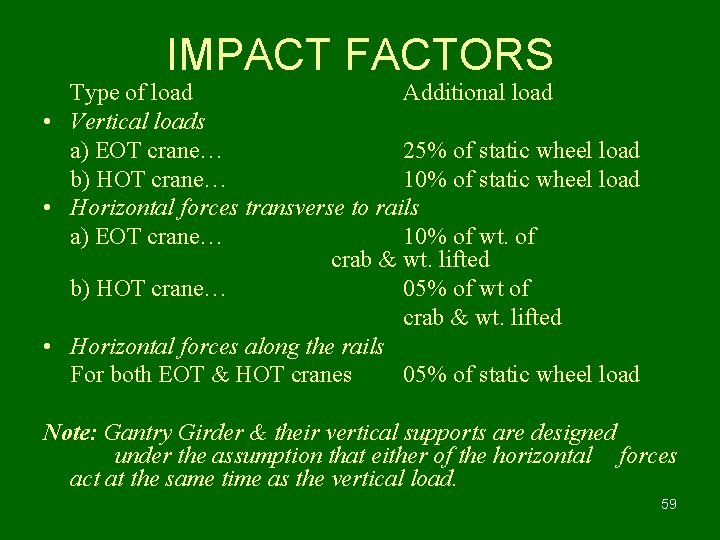 IMPACT FACTORS Type of load Additional load • Vertical loads a) EOT crane… 25%