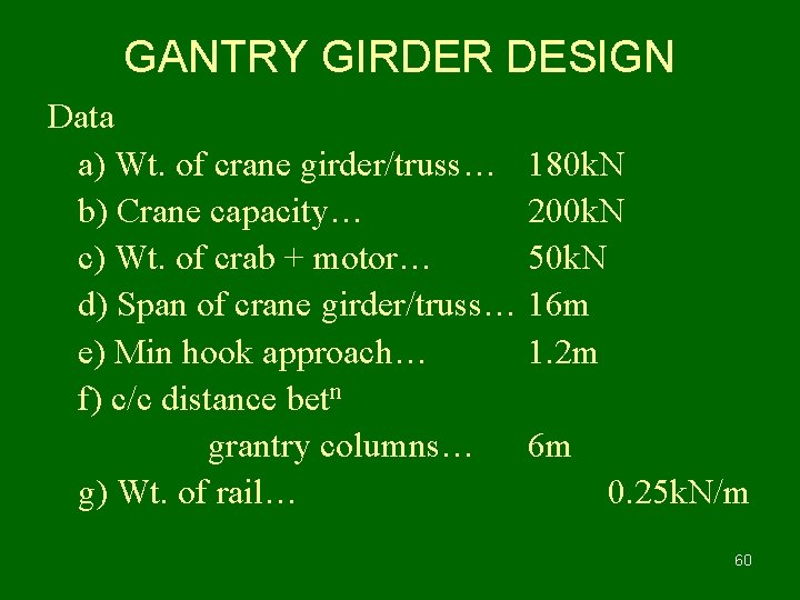 GANTRY GIRDER DESIGN Data a) Wt. of crane girder/truss… 180 k. N b) Crane
