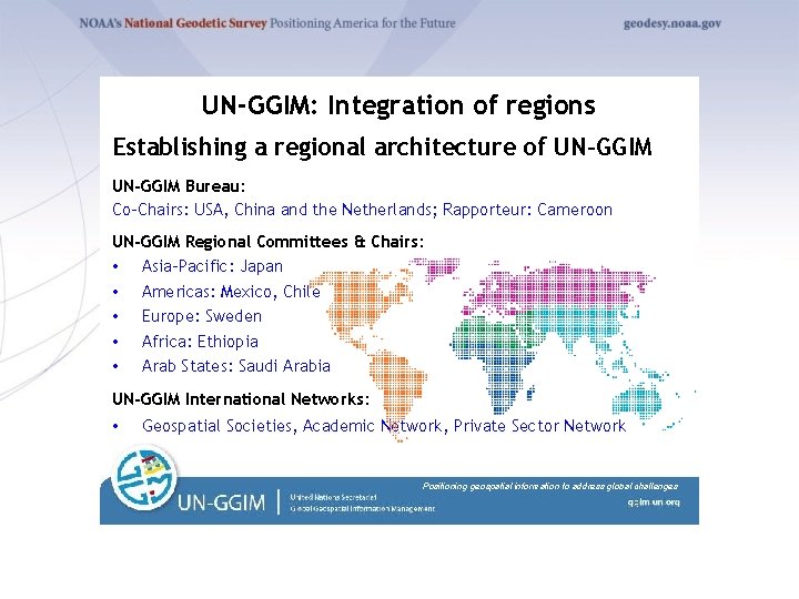 UN-GGIM: Integration of regions Establishing a regional architecture of UN-GGIM Bureau: Co-Chairs: USA, China