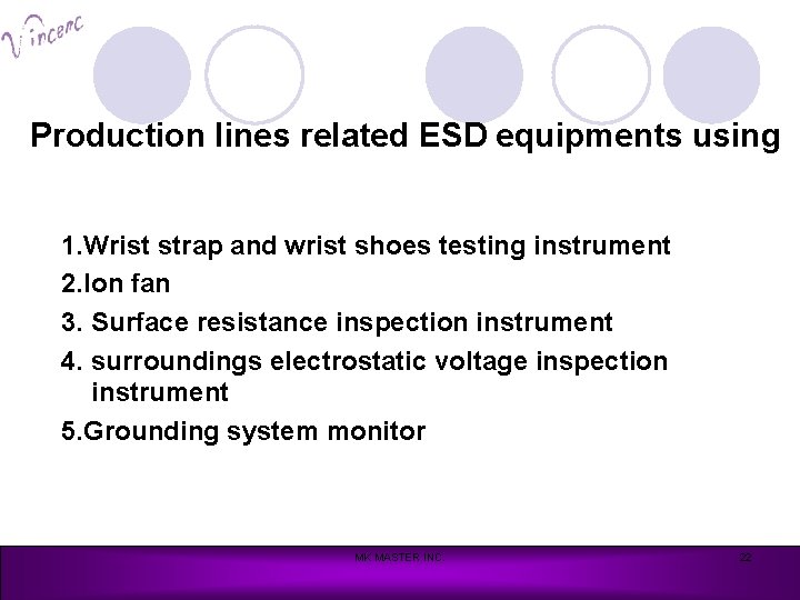 Production lines related ESD equipments using 1. Wrist strap and wrist shoes testing instrument