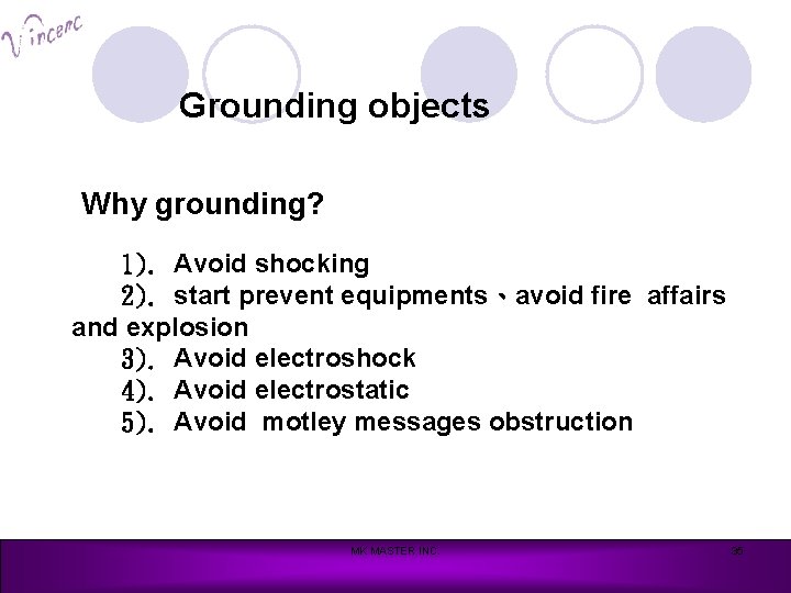 Grounding objects Why grounding? 1). Avoid shocking 2). start prevent equipments、avoid fire affairs and
