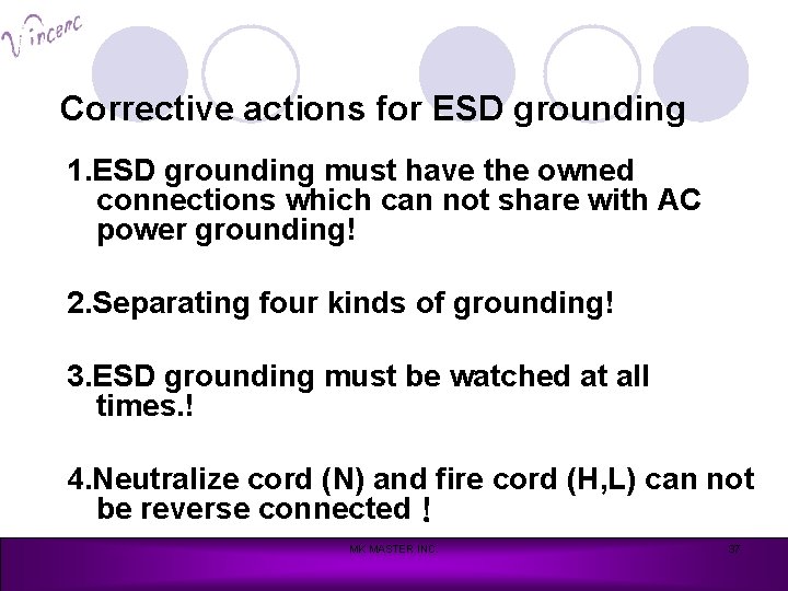 Corrective actions for ESD grounding 1. ESD grounding must have the owned connections which
