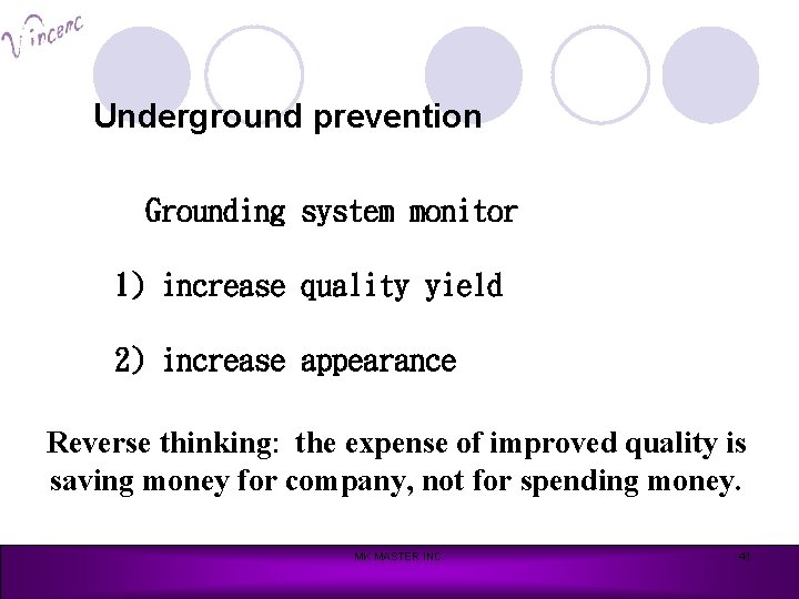 Underground prevention Grounding system monitor 1) increase quality yield 2) increase appearance Reverse thinking: