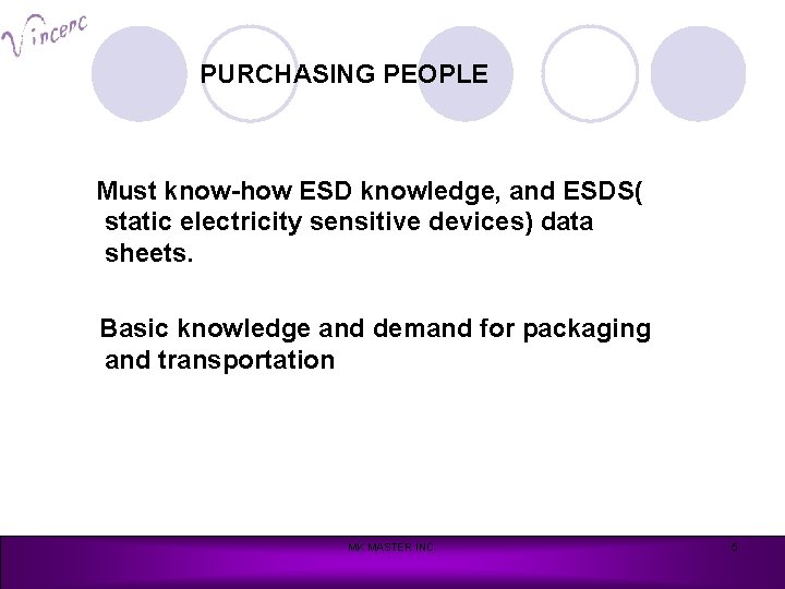 PURCHASING PEOPLE Must know-how ESD knowledge, and ESDS( static electricity sensitive devices) data sheets.