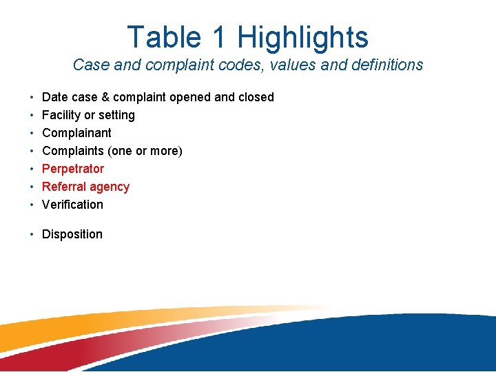 Table 1 Highlights Case and complaint codes, values and definitions • • Date case