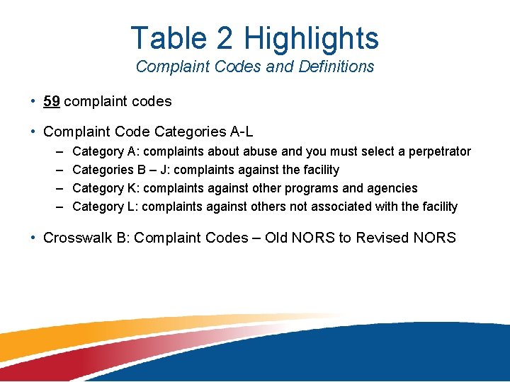 Table 2 Highlights Complaint Codes and Definitions • 59 complaint codes • Complaint Code