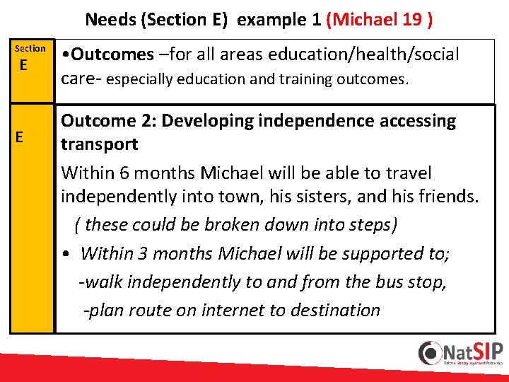 Needs (Section E) example 1 (Michael 19 ) Section E E • Outcomes –for