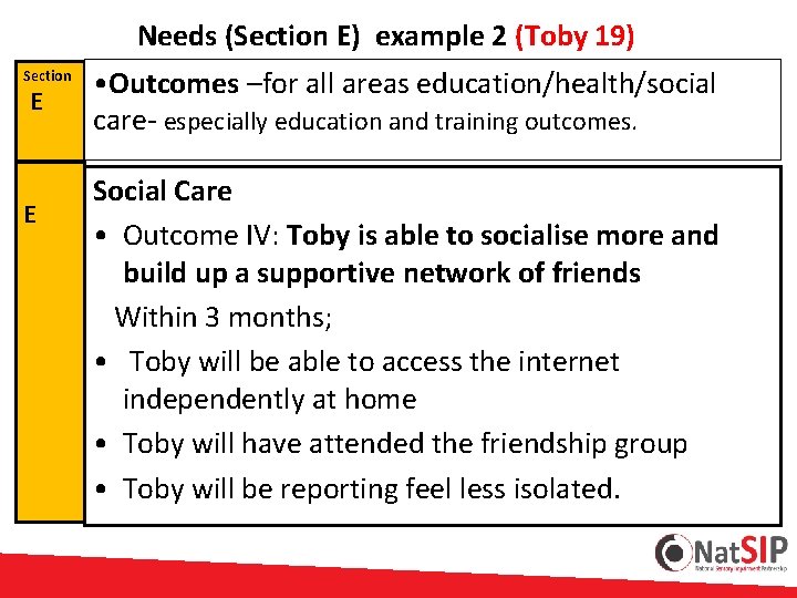  Needs (Section E) example 2 (Toby 19) Section E E • Outcomes –for