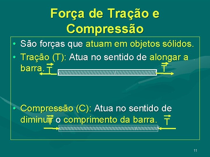 Força de Tração e Compressão • São forças que atuam em objetos sólidos. • Força de Tração e Compressão • São forças que atuam em objetos sólidos. •