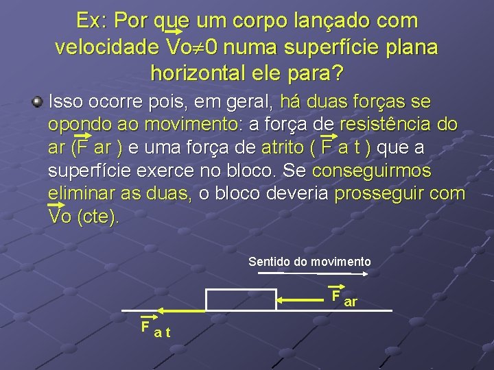 Ex: Por que um corpo lançado com velocidade Vo 0 numa superfície plana horizontal Ex: Por que um corpo lançado com velocidade Vo 0 numa superfície plana horizontal