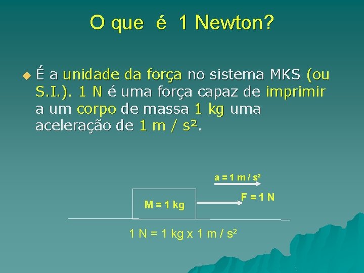 O que é 1 Newton? u É a unidade da força no sistema MKS O que é 1 Newton? u É a unidade da força no sistema MKS
