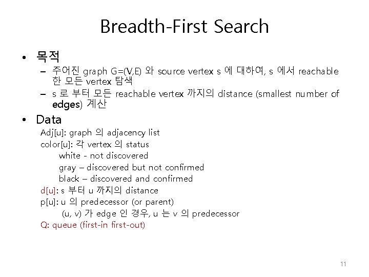 Breadth-First Search • 목적 – 주어진 graph G=(V, E) 와 source vertex s 에