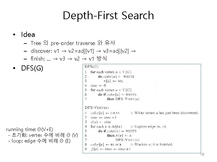 Depth-First Search • Idea – Tree 의 pre-order traverse 와 유사 – discover: v