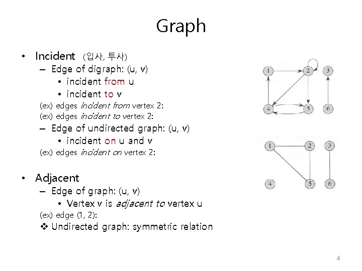 Graph • Incident (입사, 투사) – Edge of digraph: (u, v) • incident from