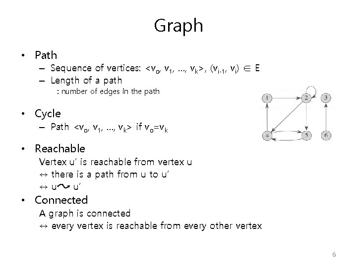 Graph • Path – Sequence of vertices: <vo, v 1, …, vk>, (vi-1, vi)