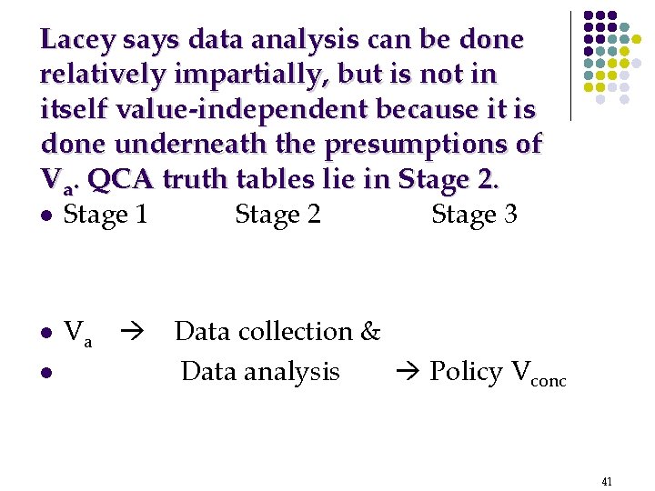 Lacey says data analysis can be done relatively impartially, but is not in itself