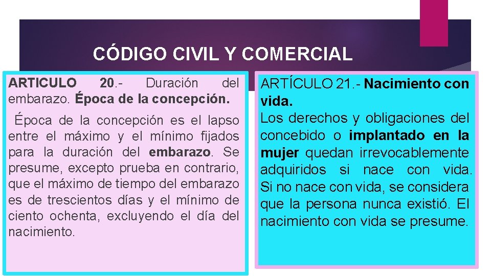 CÓDIGO CIVIL Y COMERCIAL ARTICULO 20. Duración del embarazo. Época de la concepción es