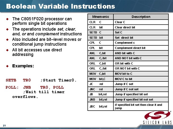 Boolean Variable Instructions ¨ The C 8051 F 020 processor can perform single bit