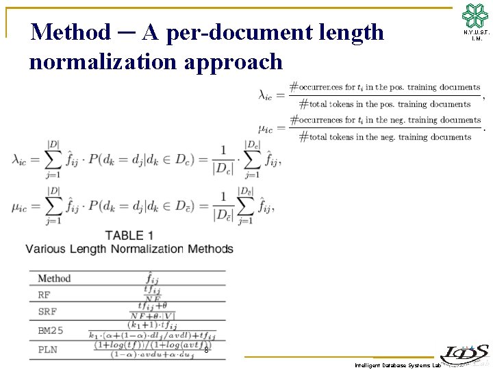Method ─ A per-document length normalization approach 8 Intelligent Database Systems Lab N. Y.