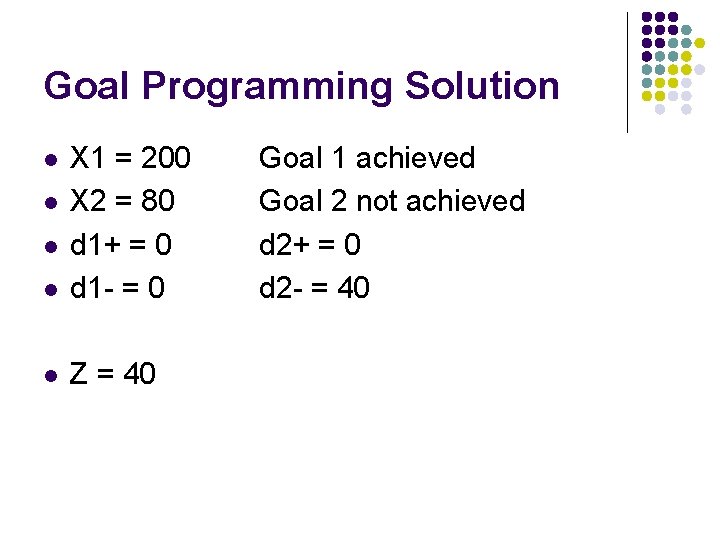 Goal Programming Solution l X 1 = 200 X 2 = 80 d 1+