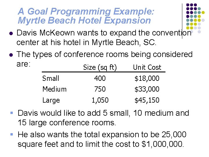 A Goal Programming Example: Myrtle Beach Hotel Expansion l l Davis Mc. Keown wants