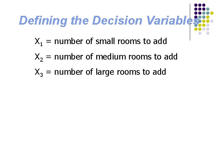 Defining the Decision Variables X 1 = number of small rooms to add X