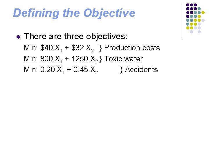 Defining the Objective l There are three objectives: Min: $40 X 1 + $32