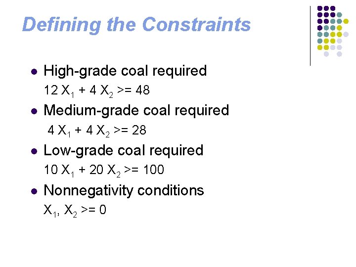 Defining the Constraints l High-grade coal required 12 X 1 + 4 X 2