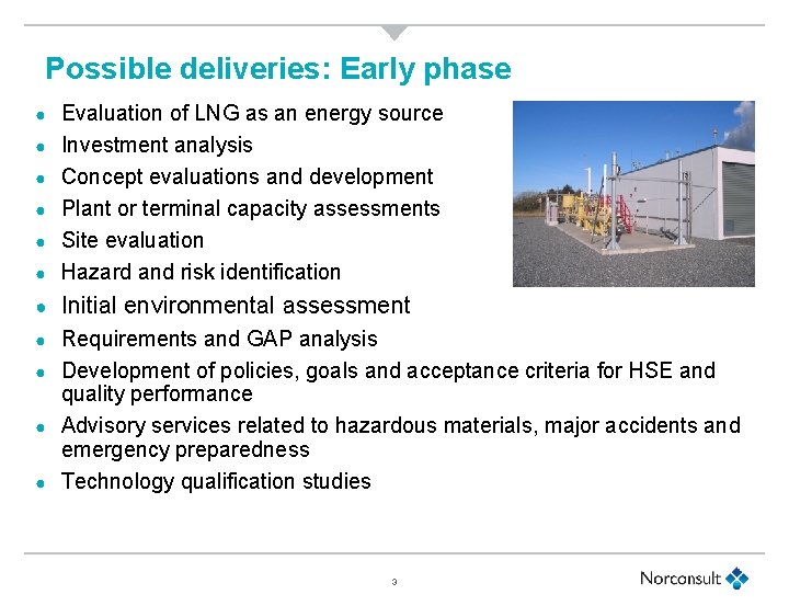 Possible deliveries: Early phase ● Evaluation of LNG as an energy source Investment analysis