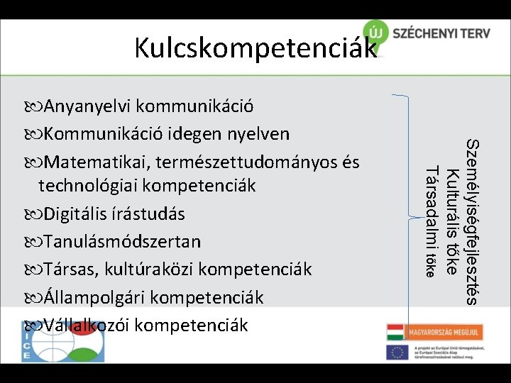 Kulcskompetenciák Személyiségfejlesztés Kulturális tőke Társadalmi tőke Anyanyelvi kommunikáció Kommunikáció idegen nyelven Matematikai, természettudományos és