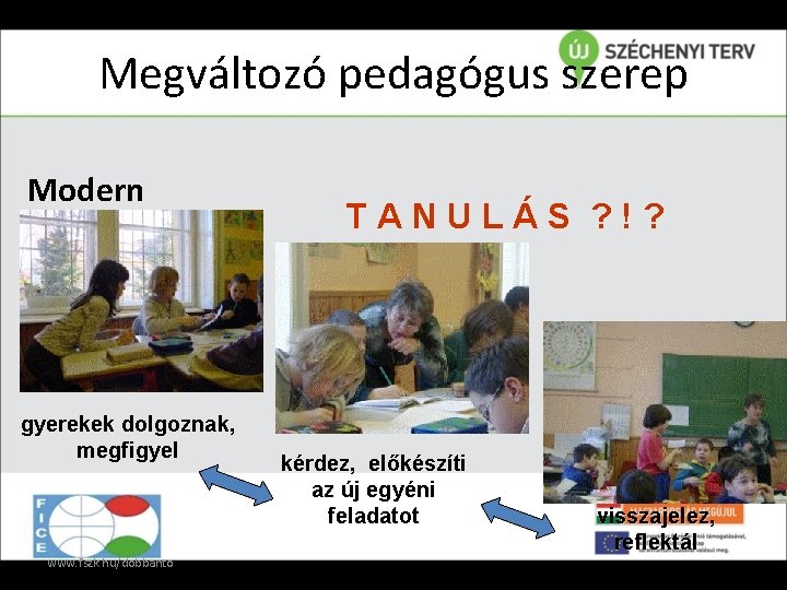 Megváltozó pedagógus szerep Modern gyerekek dolgoznak, megfigyel www. fszk. hu/dobbanto TANULÁS ? !? kérdez,