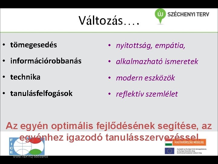 Változás…. • tömegesedés • nyitottság, empátia, • információrobbanás • alkalmazható ismeretek • technika •