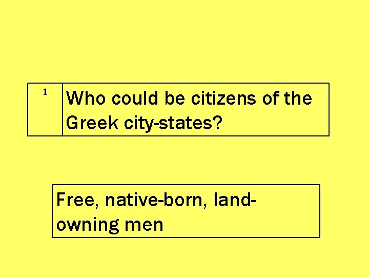 1 Who could be citizens of the Greek city-states? Free, native-born, landowning men 